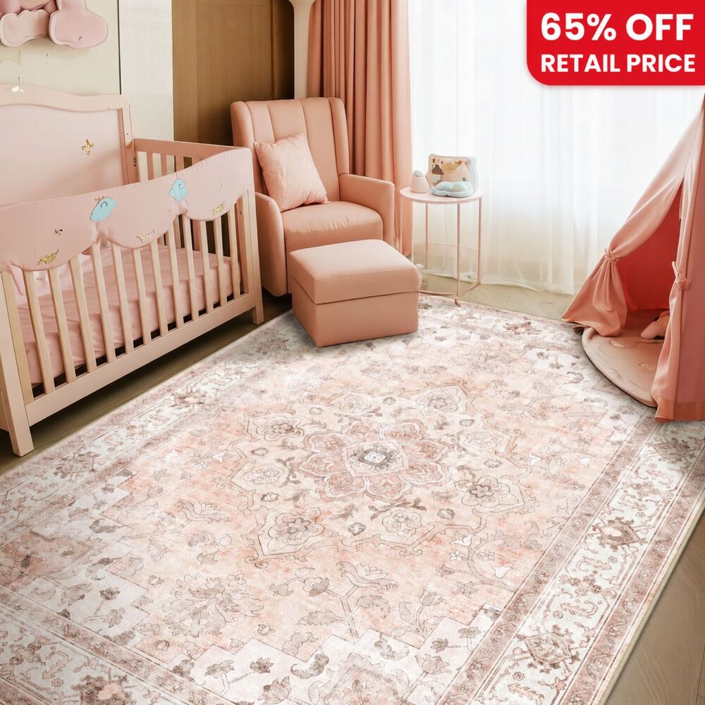 Brand New CAPALOCA Machine Washable Nursery Rug – Pink, 5' × 7'
